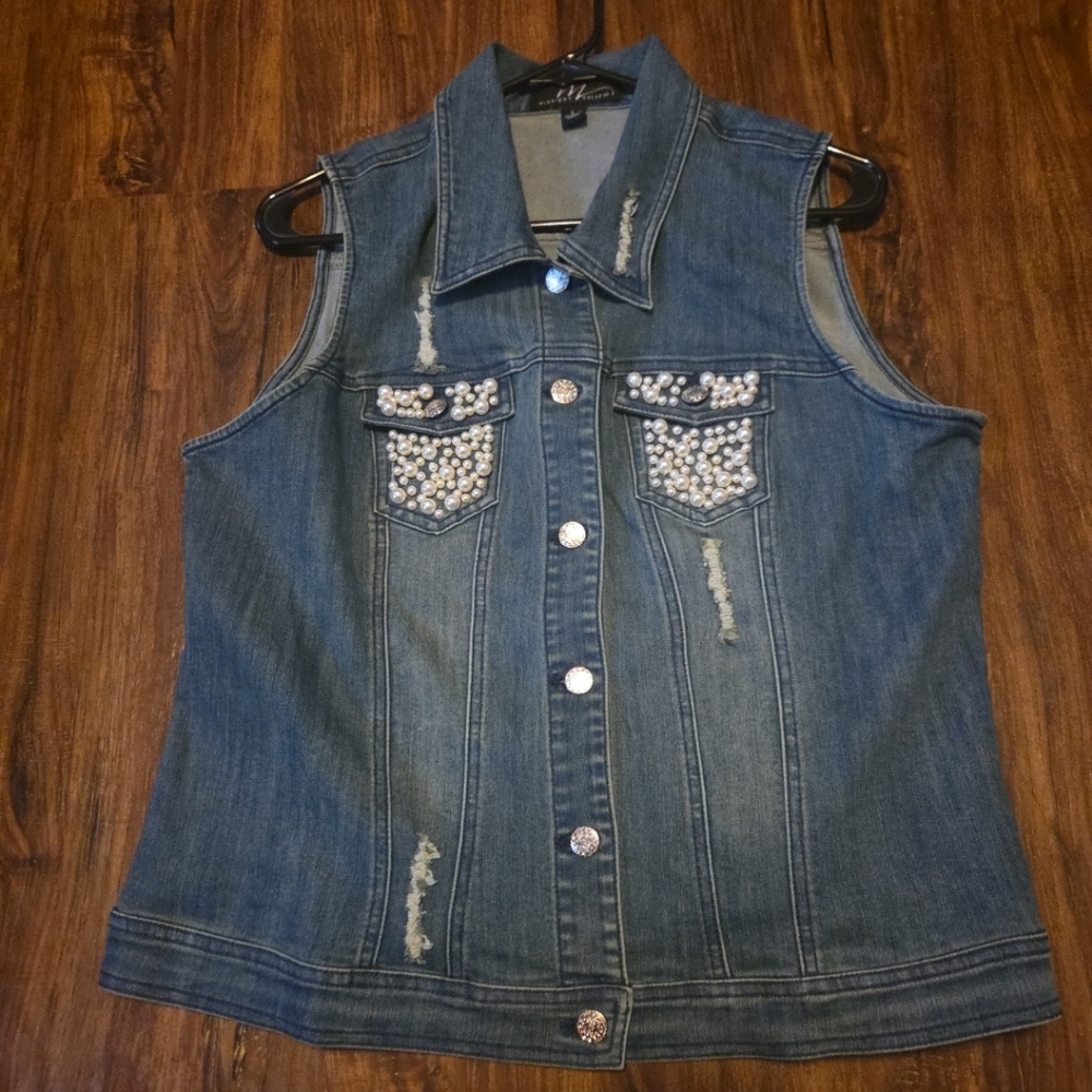 Midnight Velvet Pearl Embellished Jean Denim Vest Jacket Sz L